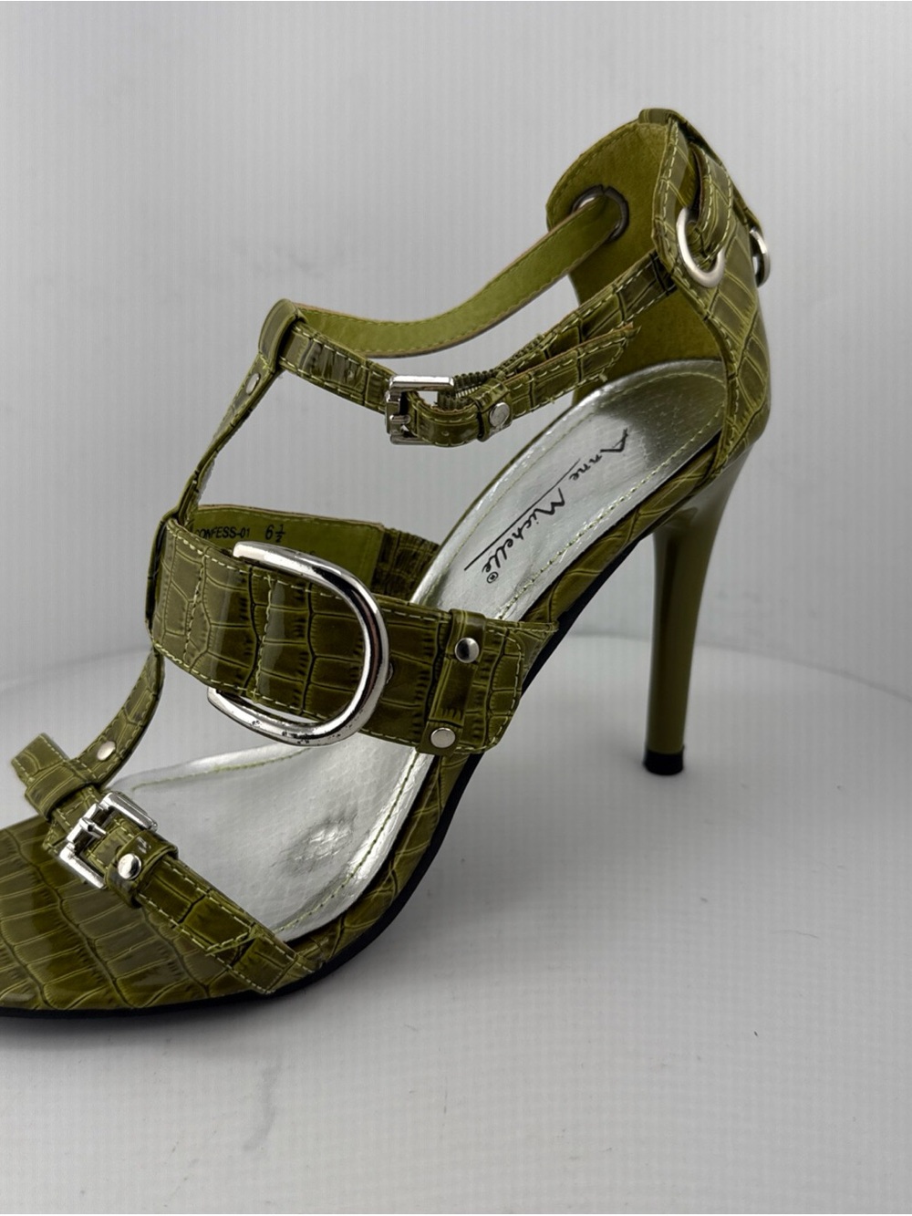 Anne Michelle Olive Green Croc-Embossed T-Strap Stiletto Sandal